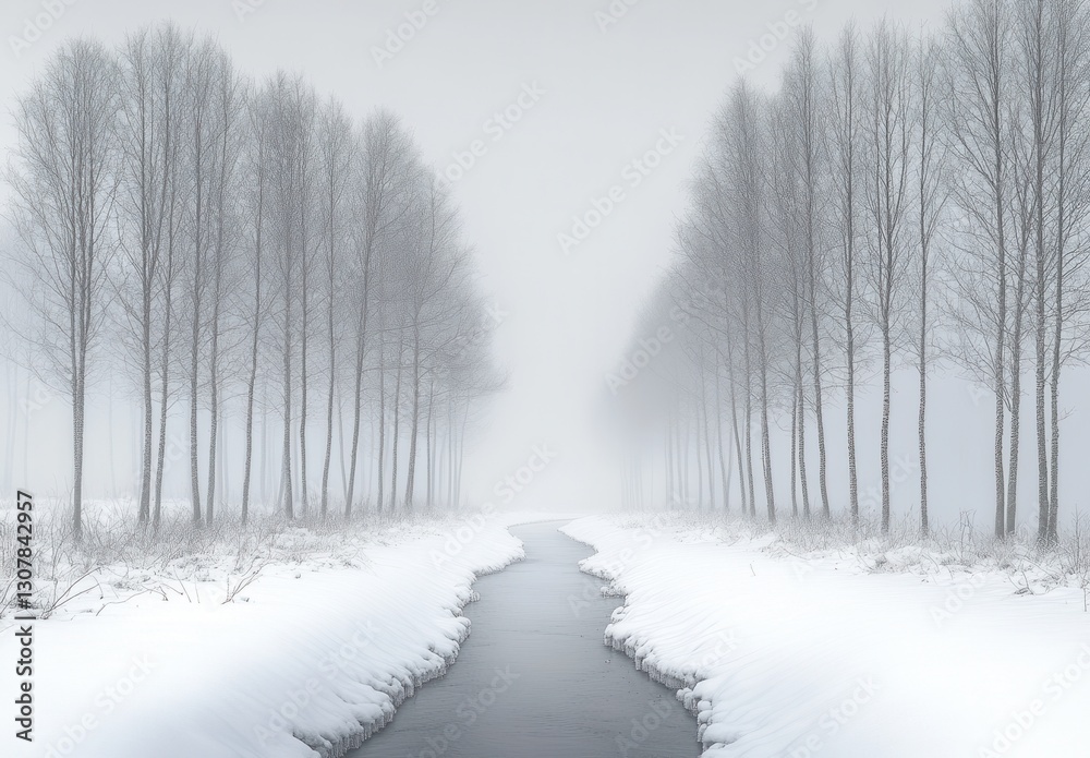Fototapeta premium A serene winter landscape featuring a snow-covered path flanked by bare trees, leading towards a misty horizon.