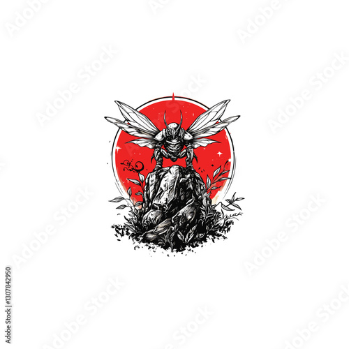 Mighty bee knight stands on a rock with a red moon in the background design vector template illustration