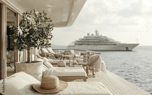 Luxury yacht in calm ocean, viewed from a serene deck with lounge chairs, a potted tree and straw hat.
