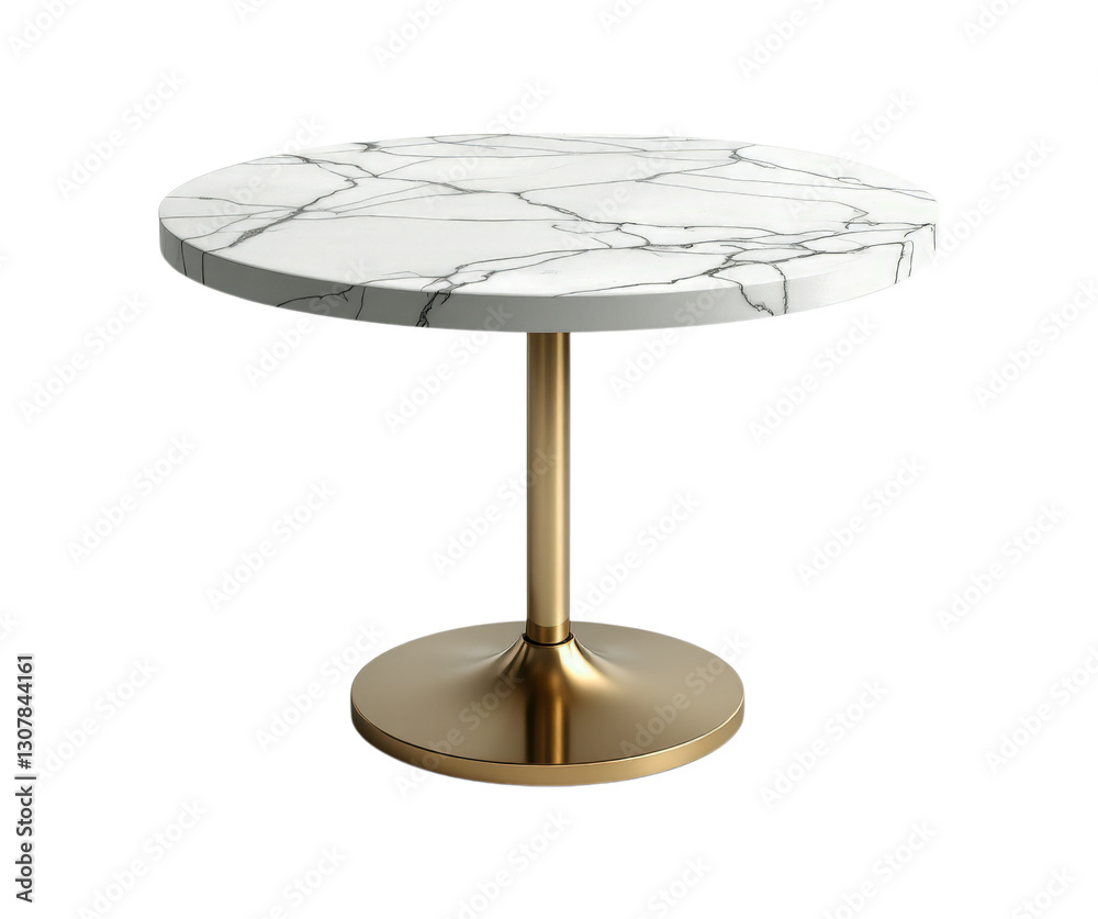 Luxury Round Marble Top Dining Table with Brushed Gold Pedestal Base and White Veined Stone Surface Pattern Isolated on Transparent and White Background Luxury Round Marble Top Dining Table with Brushed Gold Pedestal Base and White Veined Stone Surface Pattern Isolated on Transparent and White Background