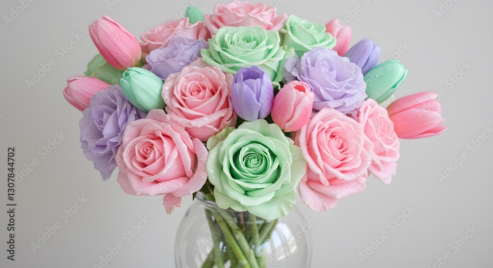 Pastel roses and tulips bouquet in glass vase spring flowers pink love soft life green fresh bloom Pastel roses and tulips bouquet in glass vase spring flowers pink love soft life green fresh bloom