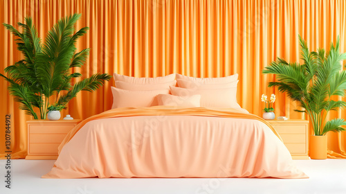 Peachy bedroom design; orange curtains, plants, and minimalist decor photo