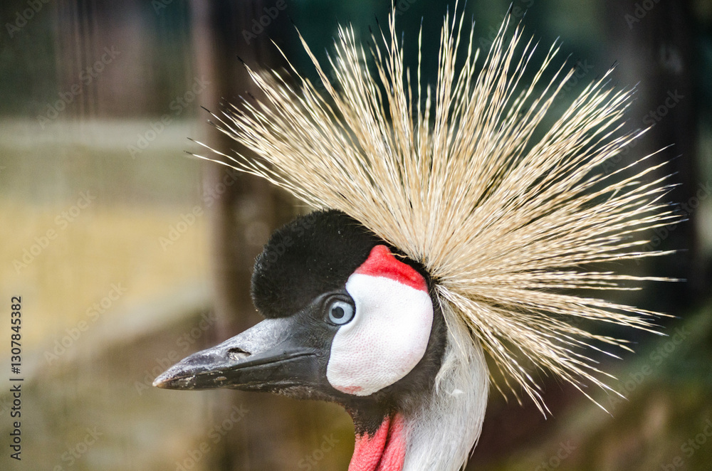Fototapeta premium Close-up of crowned crane displaying striking golden plumage. Crisp focus highlights intricate feather details. Background features soft, natural tones, enhancing cranes elegant appearance