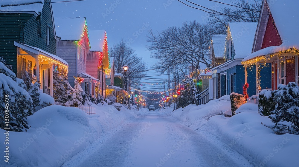 Naklejka premium A serene winter evening scene with snow-covered streets and festive lights adorning houses