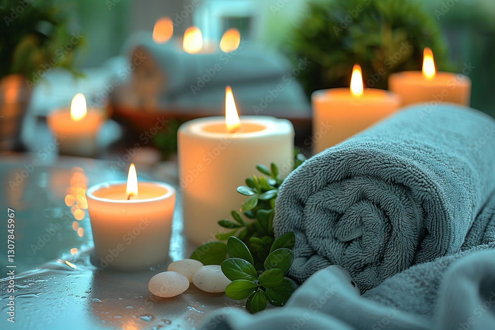 Spa setting with towels and candles, calming and rejuvenating environment for relaxation Spa setting with towels and candles, calming and rejuvenating environment for relaxation