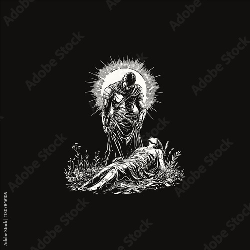 mighty warrior standing hugging his lover on the battlefield design vector template illustration