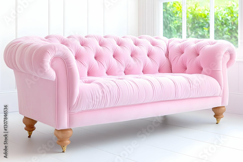 Pink velvet sofa in bright room; home decor, interior design, furniture catalog photo