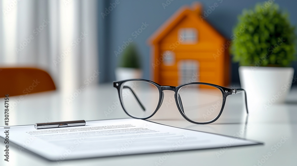 Real Estate Insurance Documents and Glasses on a Table With a Miniature House in the Background Real Estate Insurance Documents and Glasses on a Table With a Miniature House in the Background