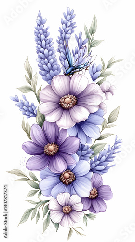 Purple and White Floral Bouquet; Digital Painting; White Background; Ideal for textile prints or greeting cards