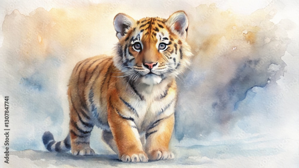 Obraz premium Playful Tiger Cub in Watercolor Style Art