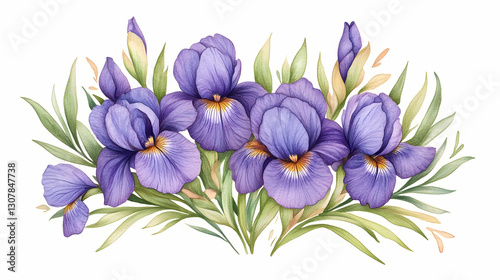 Purple Iris Bouquet Watercolor floral arrangement, perfect for spring invitations or home decor photo