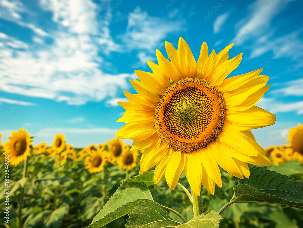 Vibrant Sunflower Field Under a Bright Blue Sky, Perfect for Summer Designs and Text Overlay web calm Vibrant Sunflower Field Under a Bright Blue Sky, Perfect for Summer Designs and Text Overlay web calm