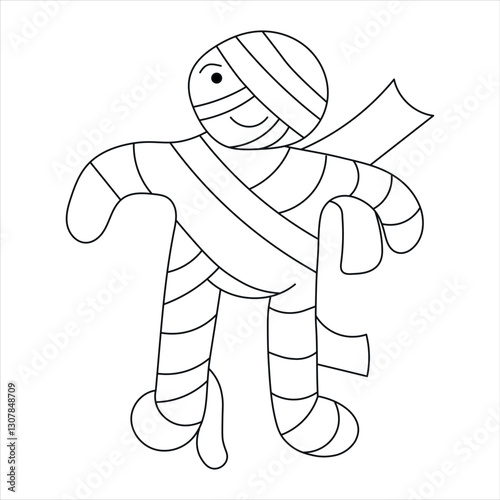 PrintBlack and white doodle illustration of a cute cartoon-style mummy wrapped in bandages. Simple hand-drawn outline sketch isolated on a white background