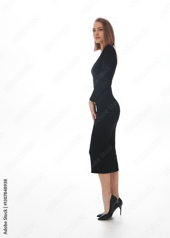 Portrait of a sensual, young woman, with short hairstyle and makeup, dressed in a wearing a tight dress Portrait of a sensual, young woman, with short hairstyle and makeup, dressed in a wearing a tight dress