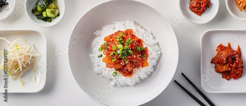 A white bowl of rice topped with red spicy kimchi photo