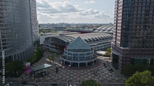 Aerial Drone View of Messe Frankfurt Exhibition Center in Frankfurt, Germany – Expansive Trade Fair Complex with Modern Architecture .