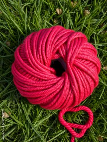 Top view of worsted yarn on the grass