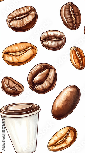 Roasted Coffee Beans & Disposable Cup; White Background; Coffee Shop Menu Design