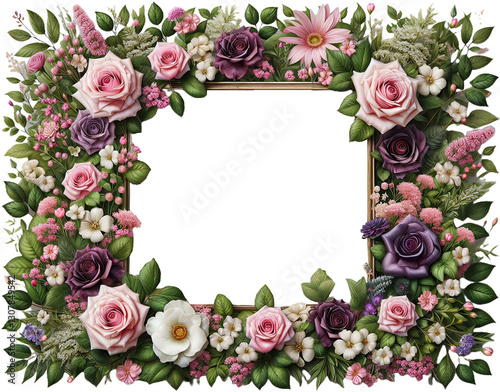Elegant floral frame with a variety of roses and greenery, perfect for wedding invitations or romantic designs.
