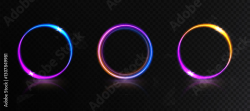 Set of bright round ring frames with colorful gradient transitions with space for text or object in the center, bright light frame object for illustrations or game interfaces. Vector