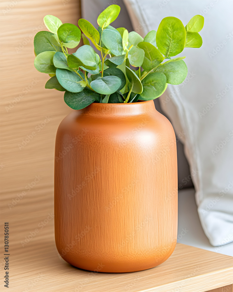 Rustic terracotta vase with eucalyptus, bedside setting, minimalist decor, home styling Rustic terracotta vase with eucalyptus, bedside setting, minimalist decor, home styling