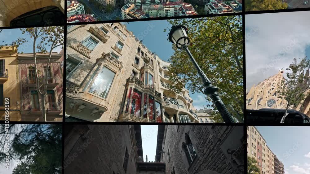 Video collage of different shots of the architecture of the historical buildings of Barcelona. Tourist points of Catalonia, cityscape of tourist Spain, cathedrals, buildings, streets. High quality 4k 