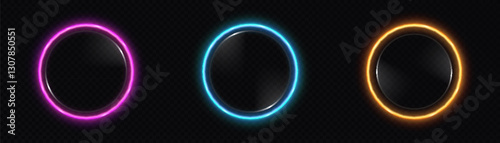 Set of bright round ring frames with colorful gradient transitions with space for text or object in the center, bright light frame object for illustrations or game interfaces. Vector