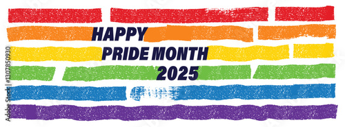 Happy Pride Month Banner. Pride Month 2025. Lgbt Flag Against Homosexual Discrimination. Grunge Texture With Brush Stroke Pattern, Rainbow Color, Banner. Colored Stripes. Vector Illustration.