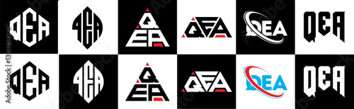 QEA letter logo design in six style. QEA polygon, circle, triangle, hexagon, flat and simple style with black and white color variation letter logo set in one artboard. QEA minimalist and classic logo