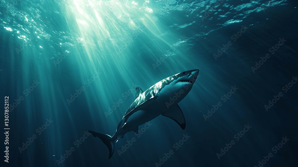 Fototapeta premium Majestic Great White Shark: Ocean Depth, Serene Light Rays