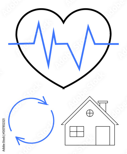 Heartbeat graph inside heart, circular arrows, house icon. Ideal for health, home, lifestyle, sustainability, wellness eco-living recovery. Minimalistic flat simple metaphor