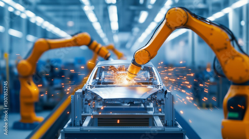 A high-tech automotive factory with robotic arms assembling electric car bodies on an advanced production line. The fully automated manufacturing process is streamlined with precis