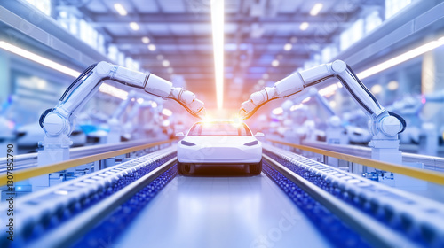 A high-tech automotive factory with robotic arms assembling electric car bodies on an advanced production line. The fully automated manufacturing process is streamlined with precis