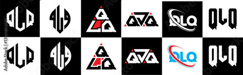 QLQ letter logo design in six style. QLQ polygon, circle, triangle, hexagon, flat and simple style with black and white color variation letter logo set in one artboard. QLQ minimalist and classic logo