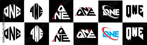 QNE letter logo design in six style. QNE polygon, circle, triangle, hexagon, flat and simple style with black and white color variation letter logo set in one artboard. QNE minimalist and classic logo photo