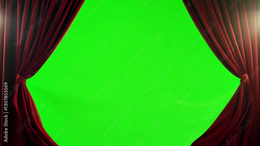 Red velvet curtains opening to a green screen background, perfect for presentations or video editing