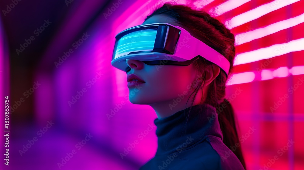 Woman Wearing Futuristic Vr Headset Immersed in Neon Lit Environment Woman Wearing Futuristic Vr Headset Immersed in Neon Lit Environment