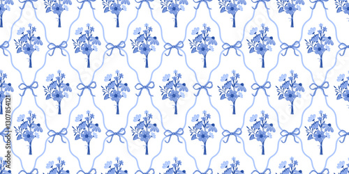 Blue Coquette Bows and Flowers. Floral damask seamless pattern for fabric, wallpaper, cover, wrapping paper. Botanical classic elegance print Vector isolated on white background