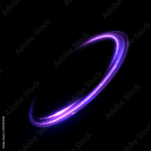 Shiny bright purple glowing curved line with magical light effect. Glow effect for game interface design on black background.	