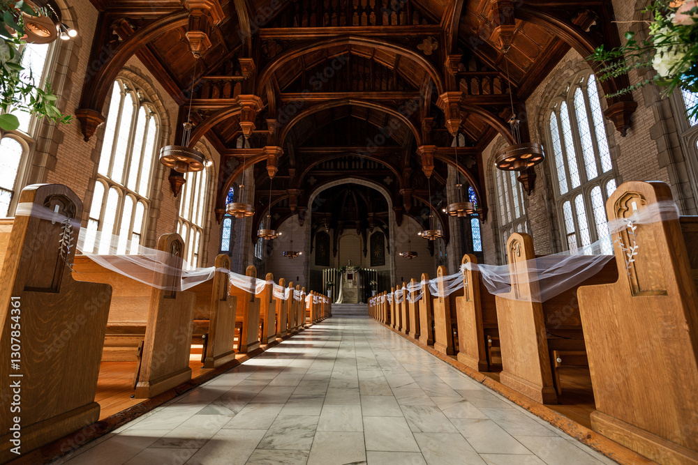 Fototapeta premium Rows of pews in a historic church.