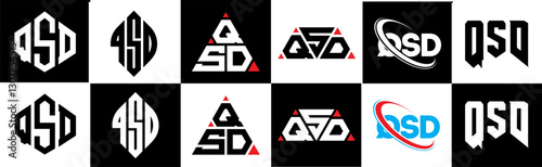 QSD letter logo design in six style. QSD polygon, circle, triangle, hexagon, flat and simple style with black and white color variation letter logo set in one artboard. QSD minimalist and classic logo