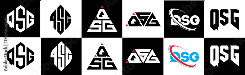 QSG letter logo design in six style. QSG polygon, circle, triangle, hexagon, flat and simple style with black and white color variation letter logo set in one artboard. QSG minimalist and classic logo