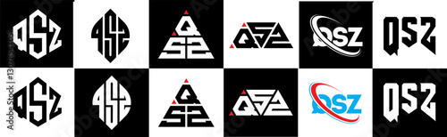 QSZ letter logo design in six style. QSZ polygon, circle, triangle, hexagon, flat and simple style with black and white color variation letter logo set in one artboard. QSZ minimalist and classic logo