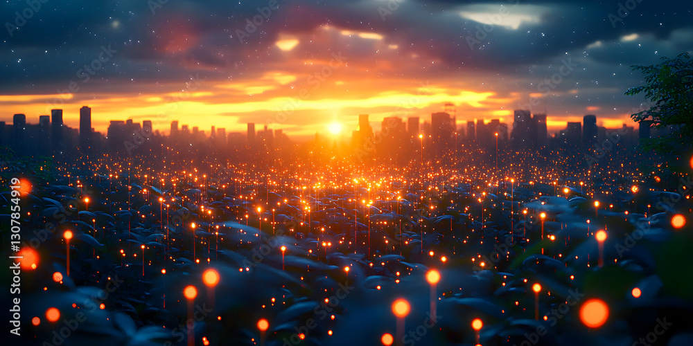 Fototapeta premium A stunning representation of a global digital network, featuring interconnected nodes, glowing data streams, and a sunrise over the Earth. The image symbolizes global connectivity, blockchain technolo