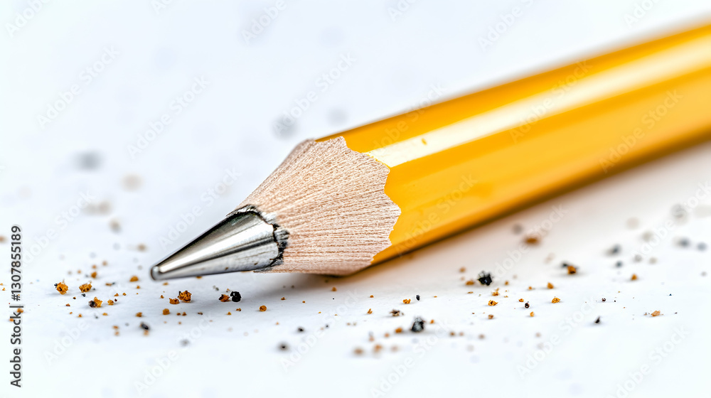 Sharpened pencil on white background; graphite shavings; close-up; stationery; educational/artistic image Sharpened pencil on white background; graphite shavings; close-up; stationery; educational/artistic image