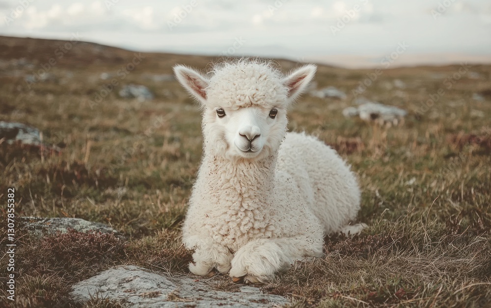 Obraz premium Adorable white alpaca cria resting on grassy hillside.