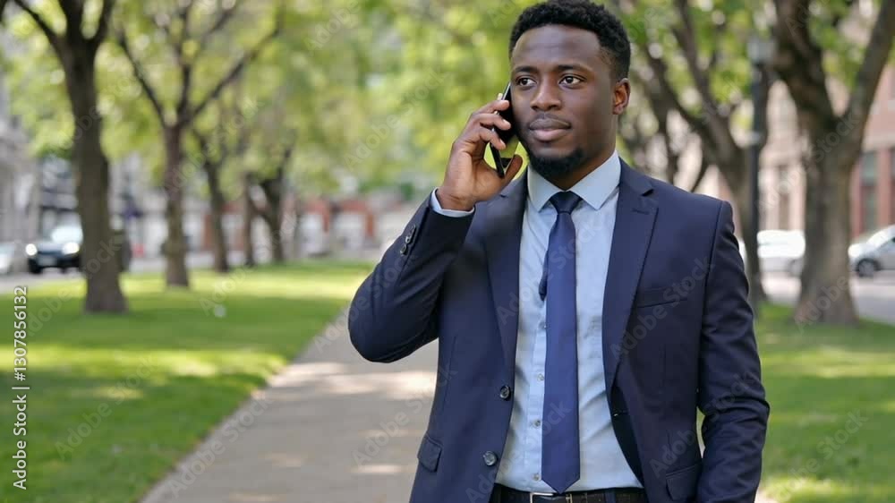 A confident African American businessman in a navy blue suit walks through a city park while talking on his phone. Concept of professional communication, corporate networking, and digital business. A confident African American businessman in a navy blue suit walks through a city park while talking on his phone. Concept of professional communication, corporate networking, and digital business.