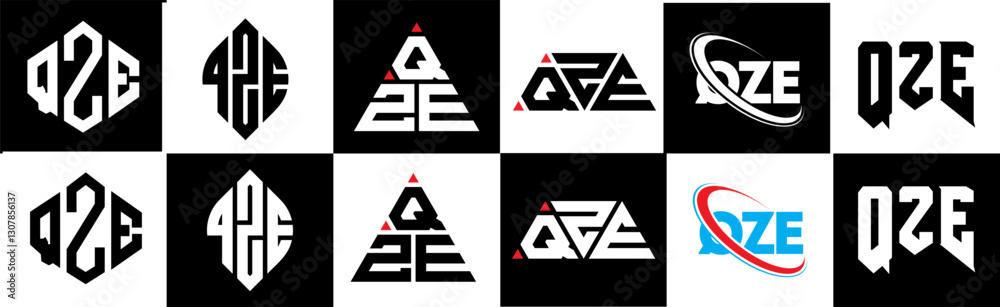 Obraz premium QZE letter logo design in six style. QZE polygon, circle, triangle, hexagon, flat and simple style with black and white color variation letter logo set in one artboard. QZE minimalist and classic logo