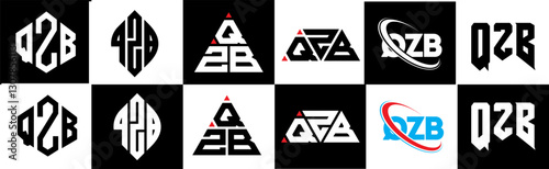 QZB letter logo design in six style. QZB polygon, circle, triangle, hexagon, flat and simple style with black and white color variation letter logo set in one artboard. QZB minimalist and classic logo