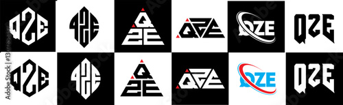 QZE letter logo design in six style. QZE polygon, circle, triangle, hexagon, flat and simple style with black and white color variation letter logo set in one artboard. QZE minimalist and classic logo